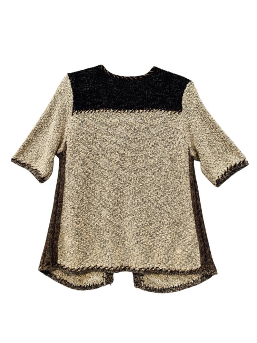 Coldwater Creek Short Sleeved Cardigan L Black Yoke Top Stitch Cozy Chunky Lodge - Picture 3 of 10
